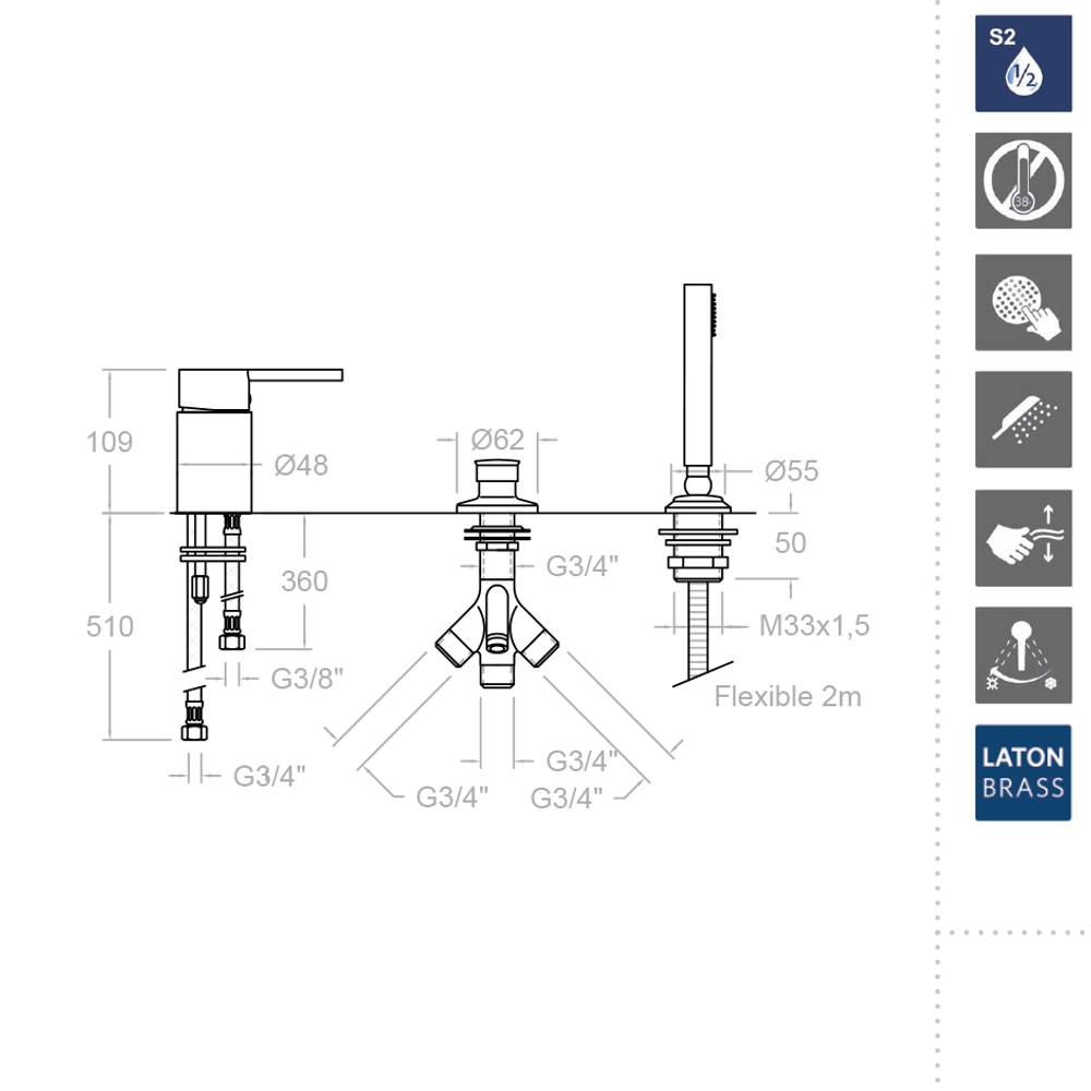 Смеситель на борт ванны без излива с душевым комплектом DRAKO 333302SCAM