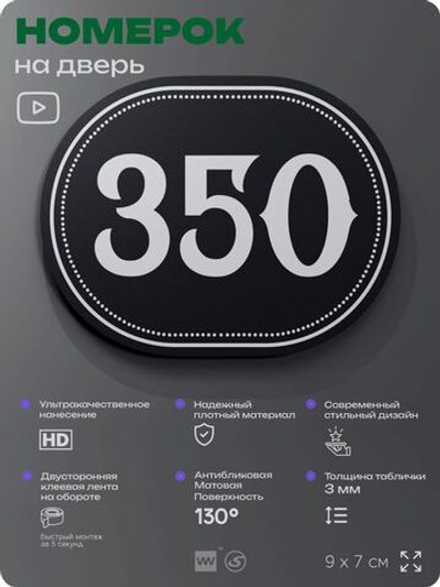 Номерок на дверь квартиры 350, для кабинета, офиса, шильдик 9 х 7 см, черный, Айдентика Технолоджи