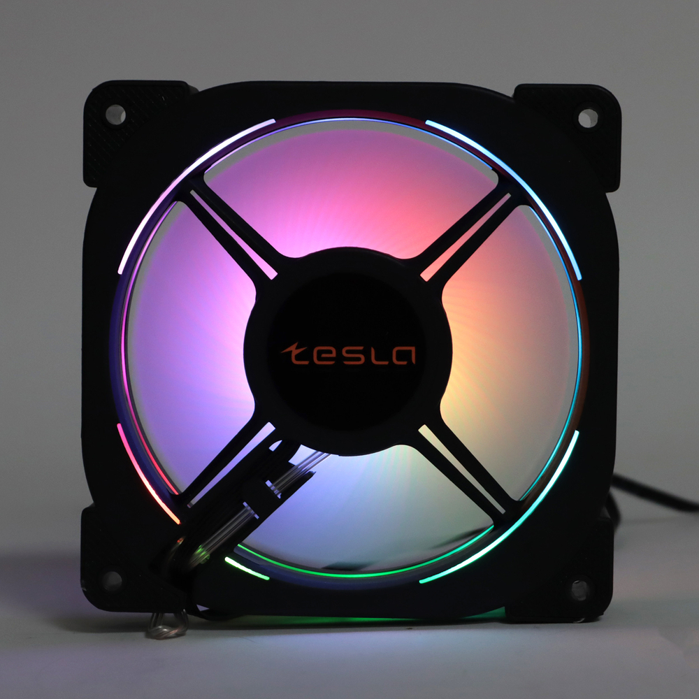 Комплект из 3 вентиляторов TESLA RGB120-XB3, 120мм, 1200rpm, Molex, черный-белый/RGB, 38CFM, 21дБ, антивибропрокладки, бесконечное зеркало, изменение скорости анимации подсветки (TSL-120-XB3)