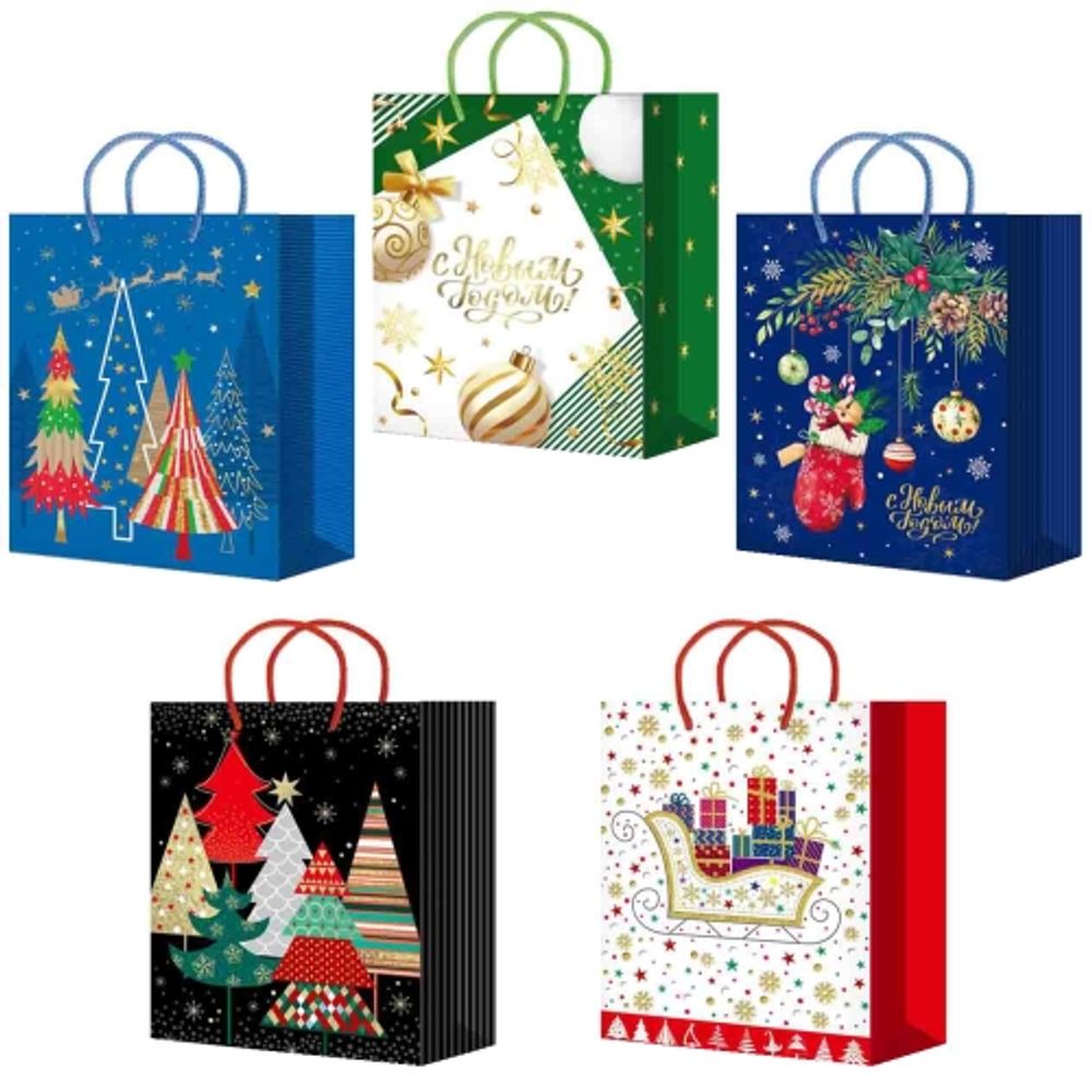 Новогодние пакеты бумажные 18х23+10см Микс 246-250 (10/50шт)