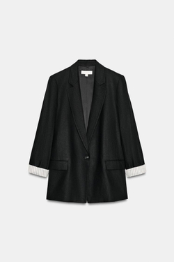 ZARA БЛЕЙЗЕР ИЗ СМЕСОВОГО ЛЬНА С ПОДВЕРНУТЫМИ РУКАВАМИ, ЧЕРНЫЙ