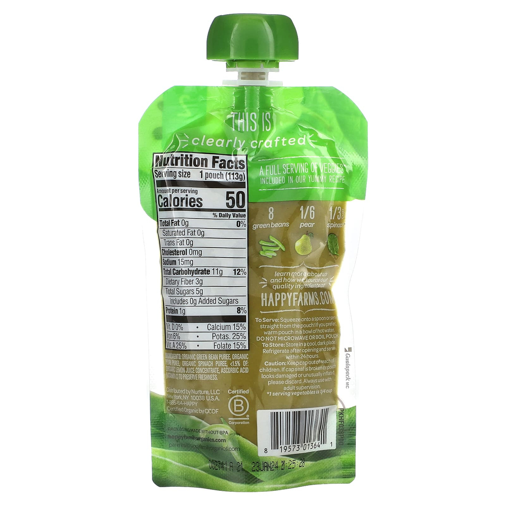 Happy Family Organics, Happy Baby®, органическое детское питание, для детей от 6 месяцев, стручковая фасоль, груша и шпинат, 113 г (4 унции)