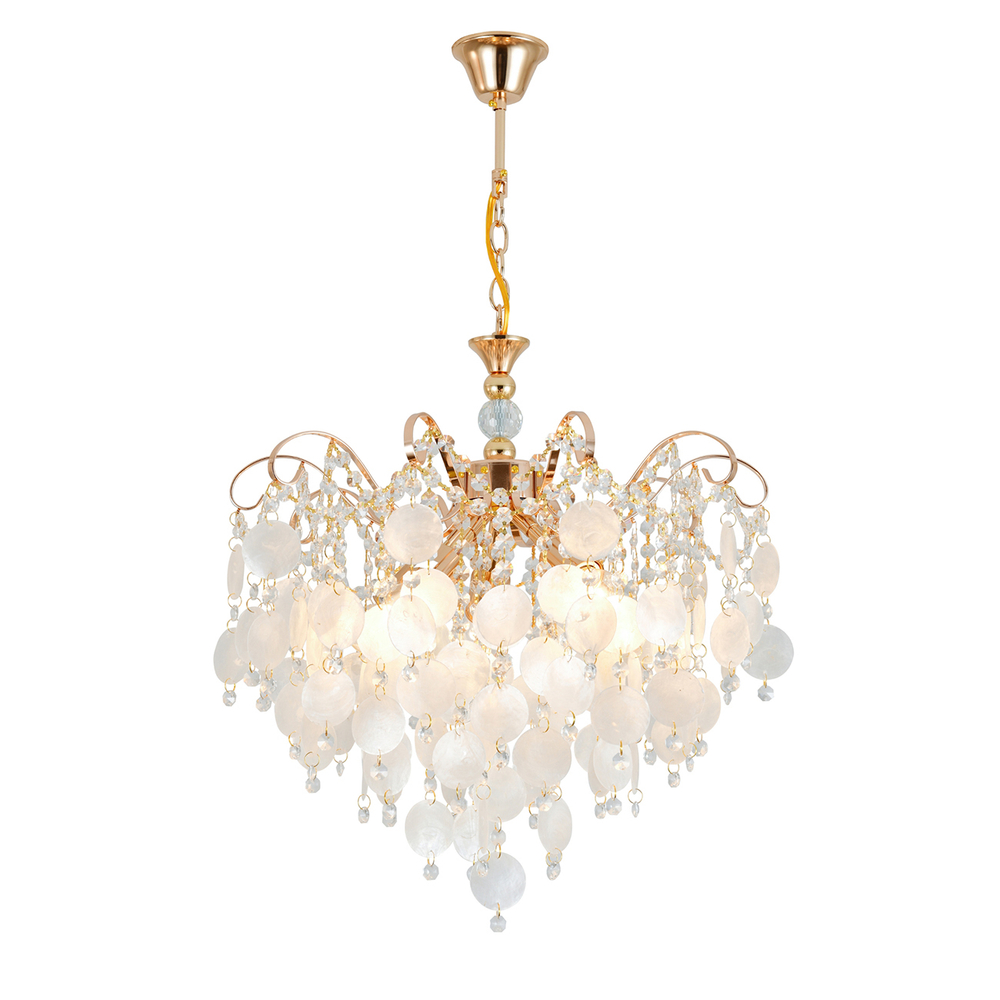 Люстра подвесная 5x60Вт Е27, металл/перламутр/хрусталь, золото/матовый/прозрачный