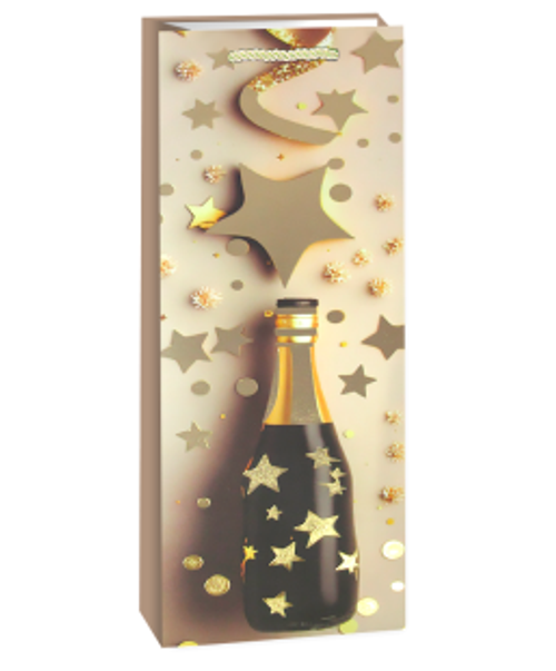Пакет подарочный для вина, Праздничные искры, Дизайн №2, Металлик, 35*12*9 см, 1 шт.