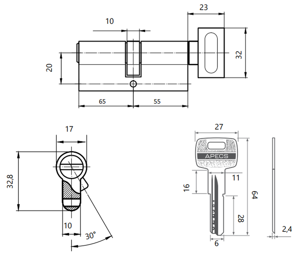 Цилиндровый механизм Apecs SM-120(55C/65)-C-NI