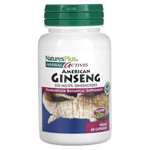 NaturesPlus, Herbal Actives, американский женьшень, 250 мг, 60 веганских капсул
