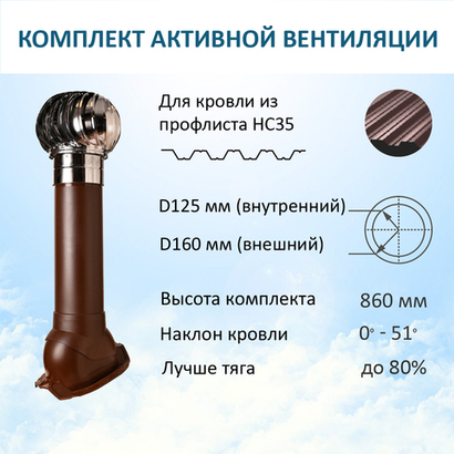 Турбодефлектор TD160 НСТ, вент. выход утепленный высотой Н-700, для кровельного профнастила 35мм, коричневый