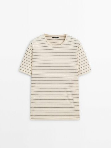 Massimo Dutti Футболка из 100% хлопка средней плотности в полоску, натуральный, кремовый