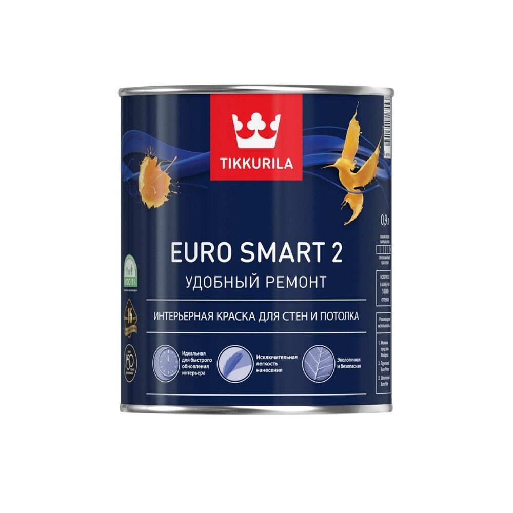 Tikkurila Euro Smart 2 Краска для стен и потолка интерьерная Глубокоматовая "База А"0,9L