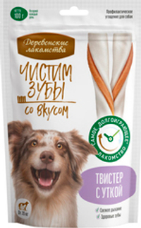 Лакомство для собак Деревенские лакомства Чистим зубы для крупных пород, твистер с уткой, 100 г