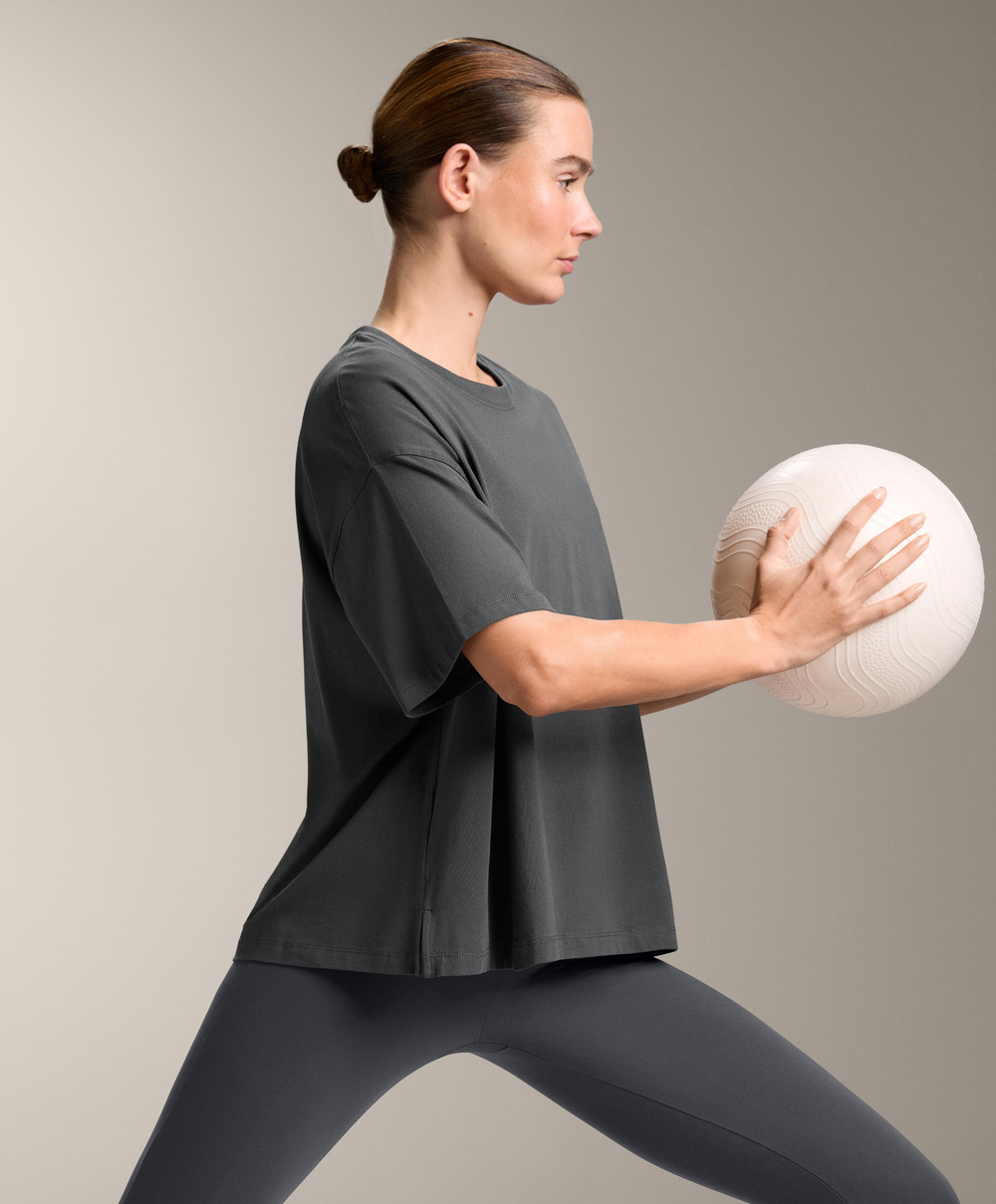 Oysho Футболка с короткими рукавами из смесового хлопка, антрацитовый