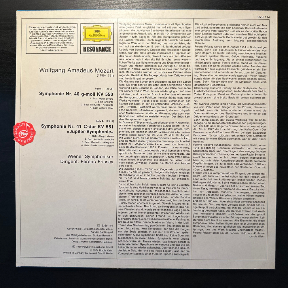 Моцарт - Симфонии № 40 + 41 «Юпитер» (Германия 1974г.)