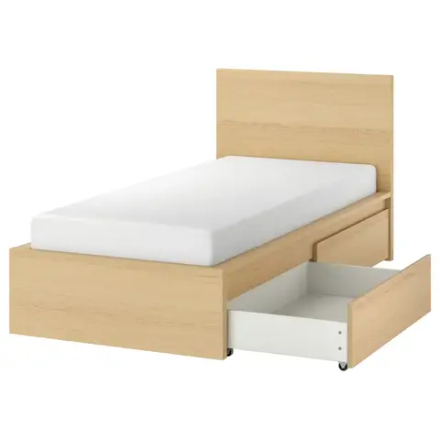 Каркас кровати с 2 ящиками для хранения - IKEA MALM/LÖNSET/LONSET, 200х90 см, под беленый дуб, МАЛЬМ/ЛОНСЕТ ИКЕА