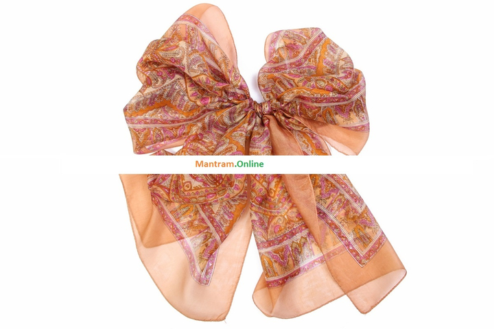 Шарф материал Шелк 100% "Плотный узор" цвет розовый оранжевый хаки с бежево-золотой каймой 170x50 см.