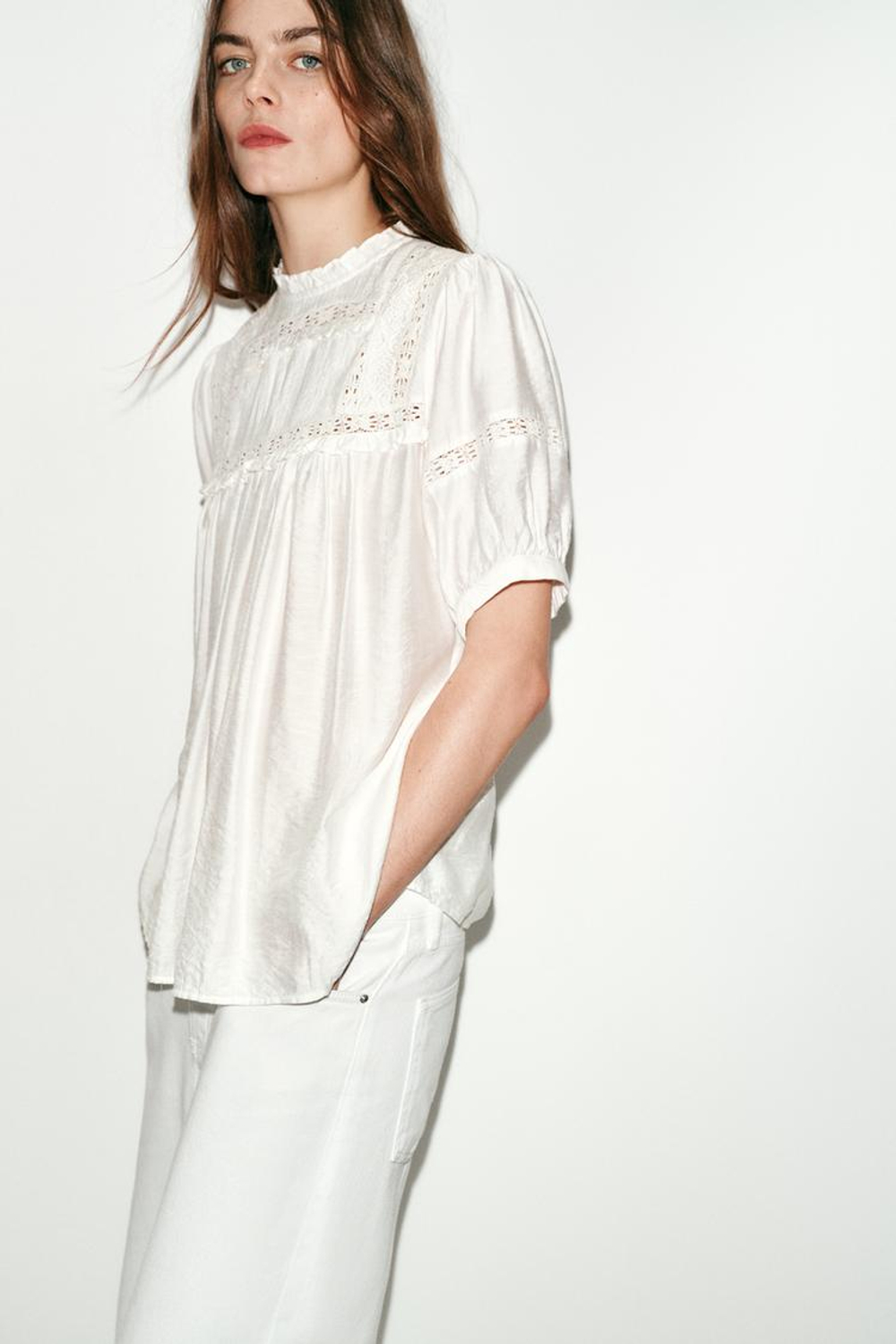 ZARA БЛУЗА В РОМАНТИЧЕСКОМ СТИЛЕ С РУКАВАМИ-БУФАМИ, БЕЛЫЙ