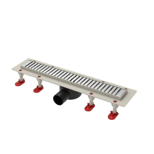 Трап линейный ТП-55D-1000 решетка из нерж. стали "Полосы" с гориз. выходом D50 мм, рамка из пластика