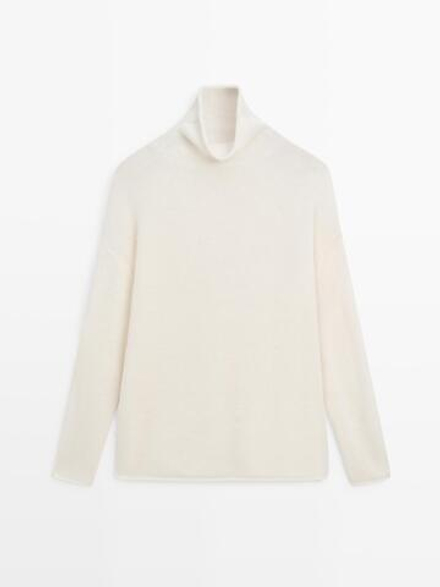 Massimo Dutti Свитер из шерстяного трикотажа с высоким воротником, белый