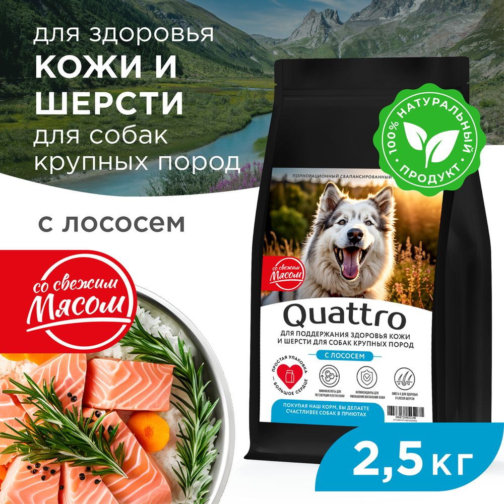 Корм сухой для взрослых собак крупных пород, премиум полнорационный комплекс, здоровье кожи и шерсти, с лососем, 2,5 кг, QUATTRO
