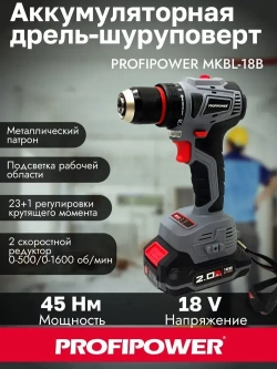Бесщеточный аккумуляторный шуруповерт PROFIPOWER MK-BL18B 18В 45Нм 2*2Ач АКБ Кейс