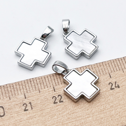 Подвеска Крест, цвет серебро (родий), перламутр, размер 14*12 мм + бейл 5,5 мм, цена за 1 шт