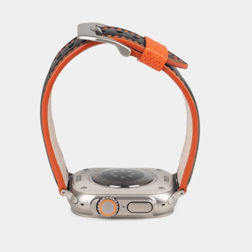 Ремешок для Apple Watch Ultra 49mm из кожи теленка черного цвета с оранжевой строчкой