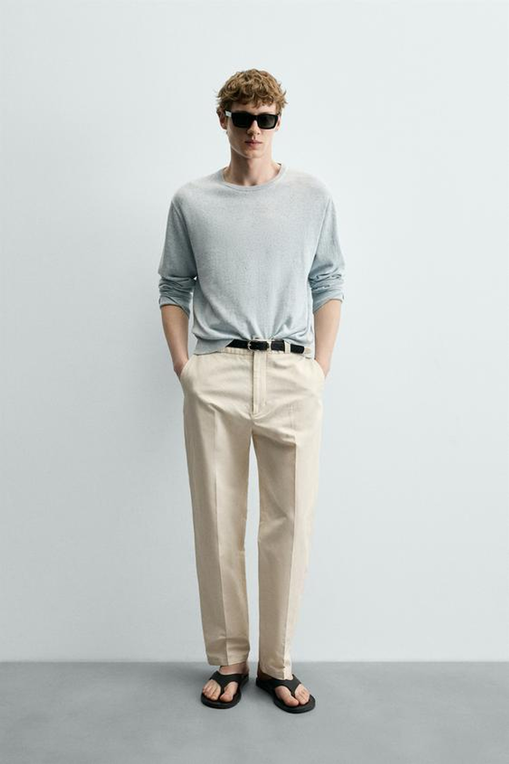 ZARA ПРЯМЫЕ БРЮКИ ЧИНОС ИЗ ХЛОПКА И ЛЬНА, ПЕСОЧНЫЙ