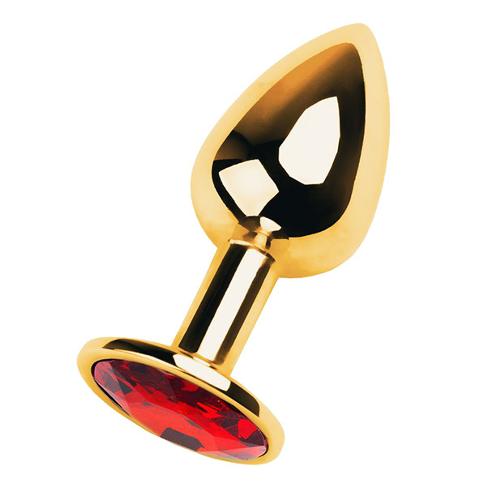 Золотистая коническая анальная пробка 7см с красным кристаллом ToyFa Metal 717004-9
