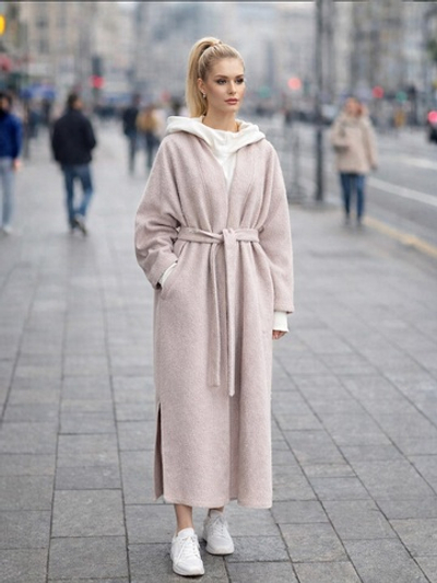 Кафтан -пальто с поясом без подкладки /топленое молоко