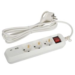 Удлинитель электрический ЭРА UB-3es-3m-USB c заземлением с выключателем 3 розетки + 1xUSBA+1xUSBC 3м 10А | Бытовые удлинители