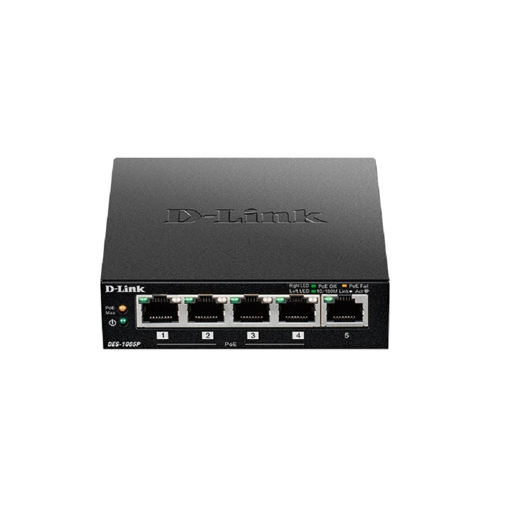 D-Link DES-1005P/B1A Неуправляемый коммутатор с 5 портами 10/100Base-TX, (4 порта PoE 802.3af/at, PoE-бюджет 60 Вт)