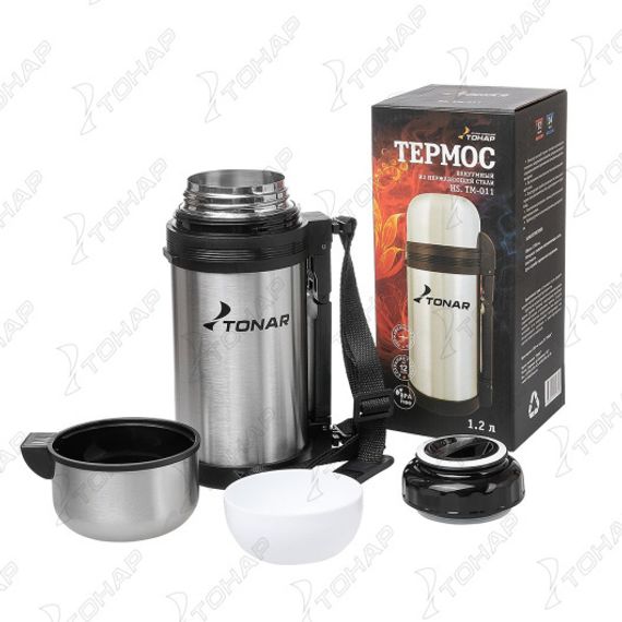 Термос TONAR 1200ML HS.TM-011  (дополн.пласт.чашка, скл.ручка, ремень)