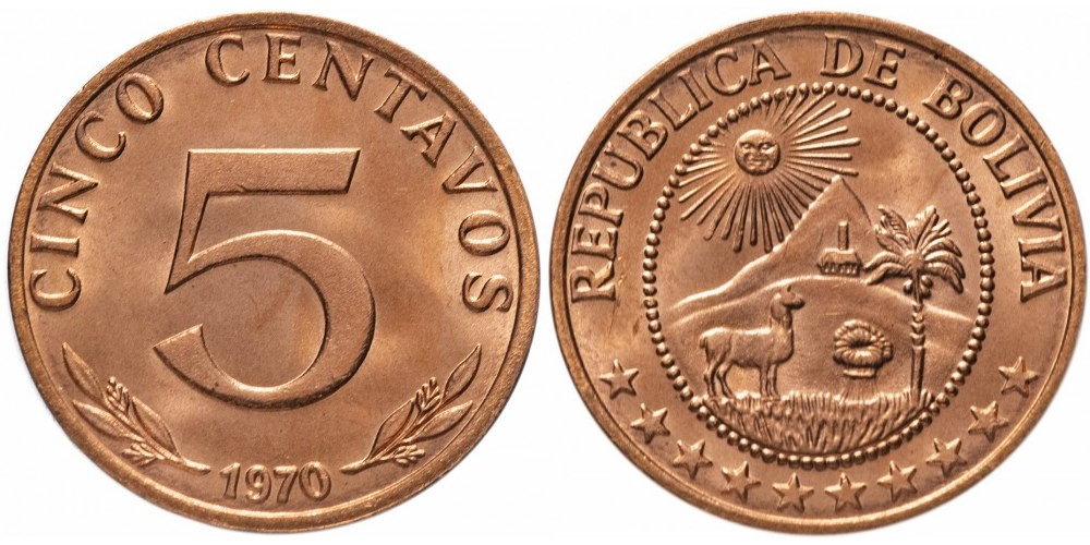 Боливия 5 сентаво, 1965 - 1970 Герб XF