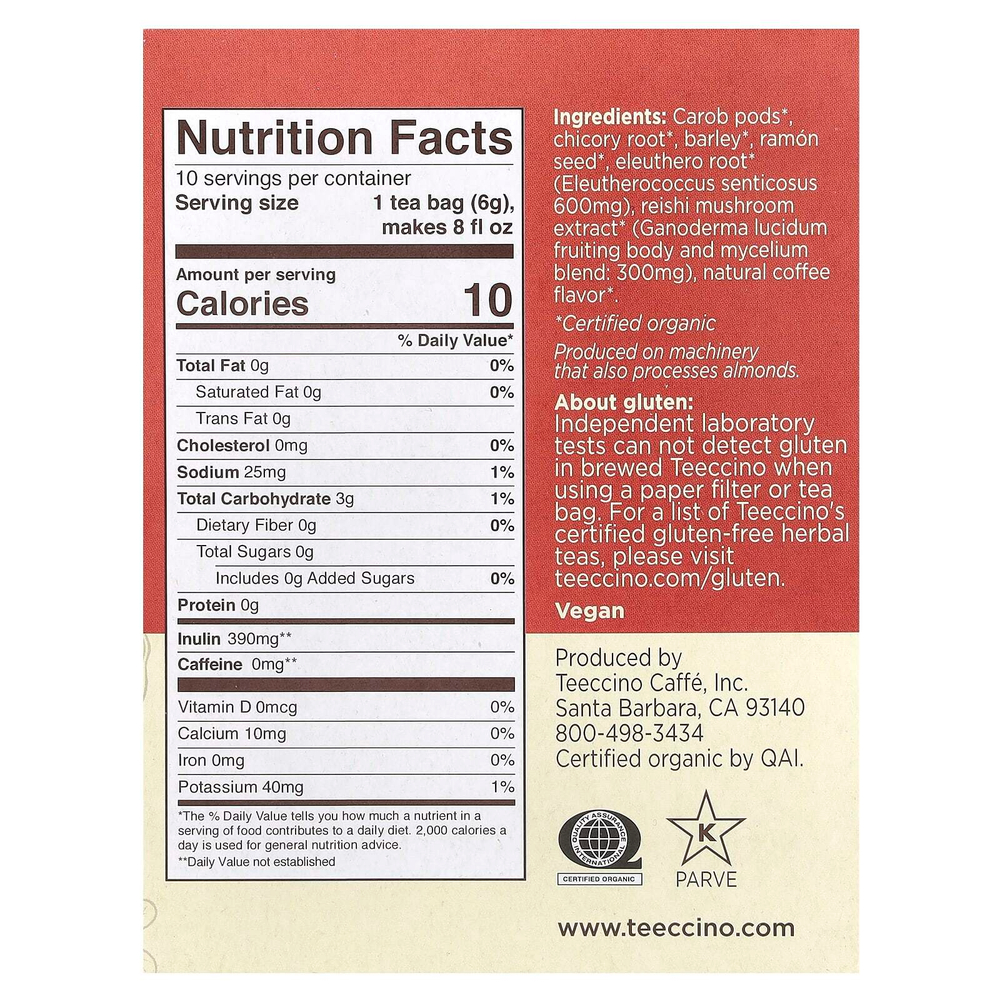 Teeccino, Mushroom Herbal Tea, Reishi Eleuthero, French Roast, Caffeine Free, 10 Tea Bags, 2.12 oz (60 g)