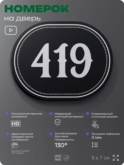 Номерок на дверь квартиры 419, для кабинета, офиса, шильдик 9 х 7 см, черный, Айдентика Технолоджи