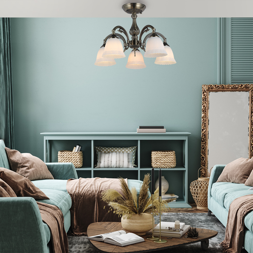 Потолочный светильник 5х60Вт E27, металл/стекло, бронза/плафон белый матовый