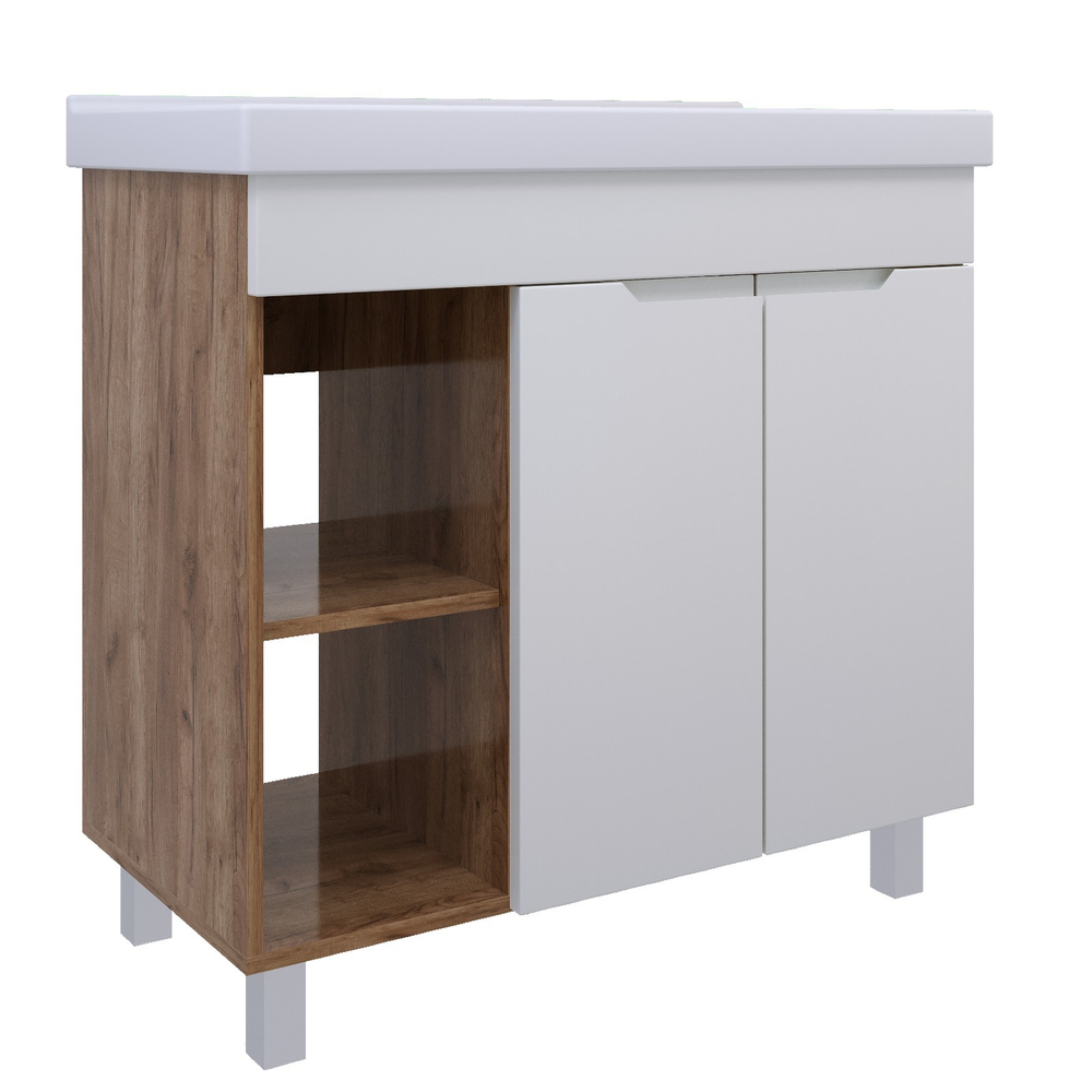 AVK4. Тумба напольная, 2 Двери + Ниша, 1000, коллекция (Ингрид, опора Пластиковая, ZT-E100, Дуб Крафт Золотой, Эмаль Белая матовая)