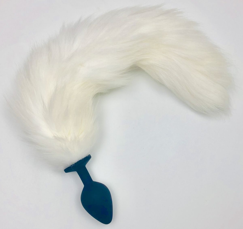 Синяя силиконовая анальная пробка с белым хвостиком - размер M (Цвет: синий с белым)