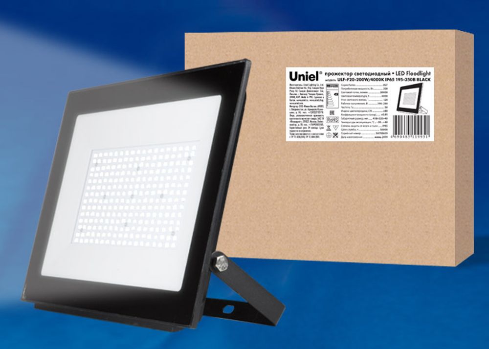ULF-F20-200W/4000K IP65 195-250В BLACK Прожектор светодиодный. Белый свет (4000K). Корпус черный. TM Uniel.