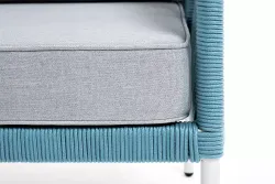 "Канны" диван 2-местный плетеный из роупа, каркас алюминий светло-серый (RAL7035) муар, роуп бирюзовый круглый, ткань светло-серая