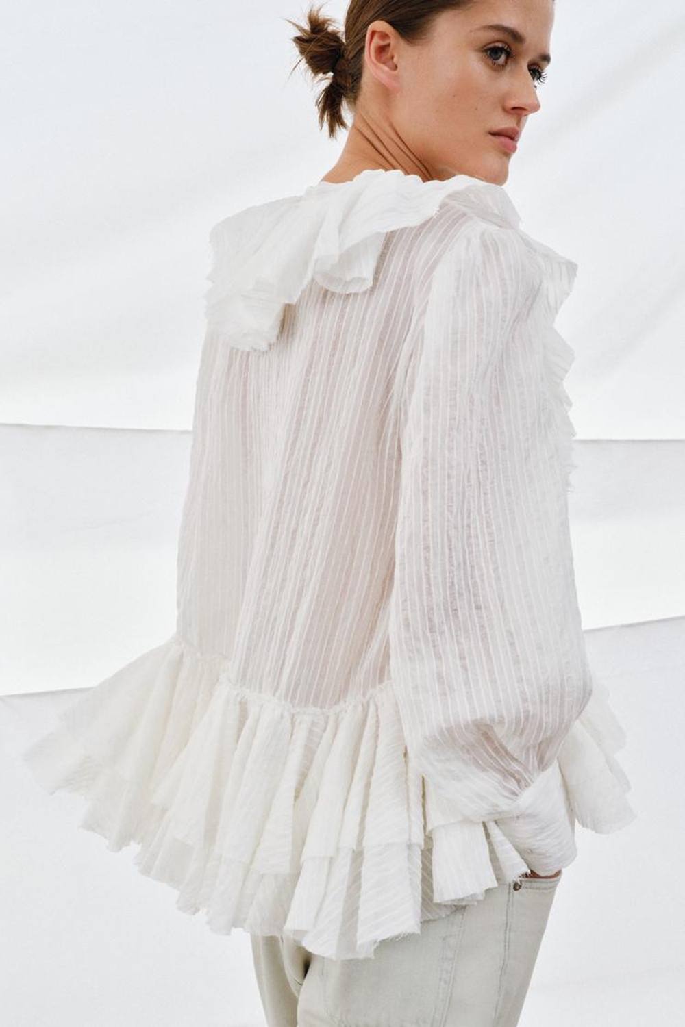 ZARA РУБАШКА С ВОЛАНАМИ ZW COLLECTION, БЕЛЫЙ