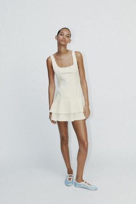 ZARA ПЛАТЬЕ-КОМБИНЕЗОН В СКЛАДКУ, ЖЕЛТОВАТО-БЕЛЫЙ