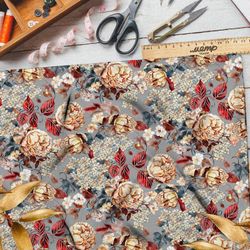 Ткань лен цветы золотистые с красноватым