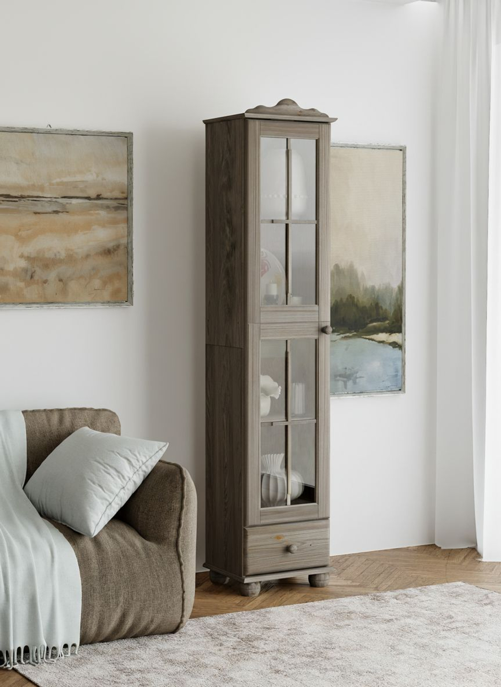 Шкаф витрина, 40х32х186, Бритта, сервант для посуды, с ящиком, однодверная, из массива дерева, черный бейц, Dipriz