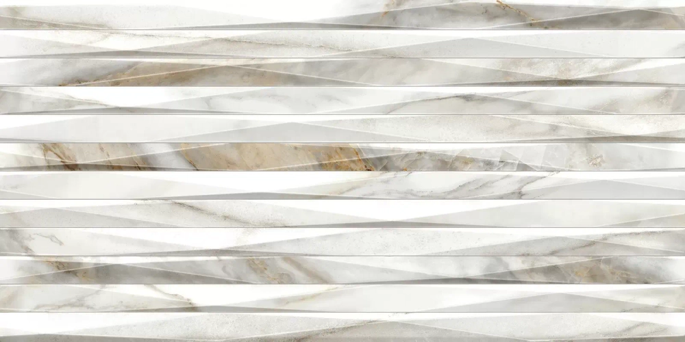 Настенная плитка Alma Ceramica TWU2550EPH24 Euphoria 24.9x50 белая / серая глянцевая / рельефная под мрамор / полосы