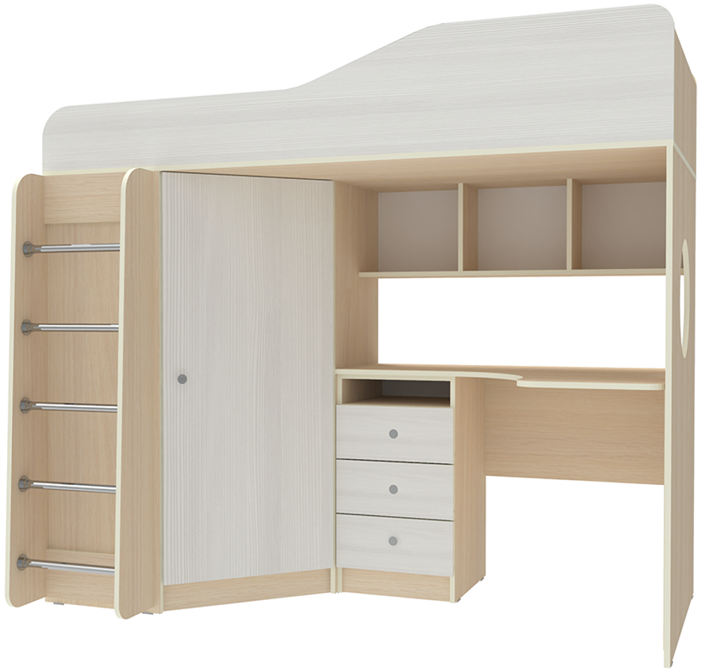 Кровать-чердак КарИВи Кадет 1 с металлической лестницей  Дуб Молочный Белое Дерево