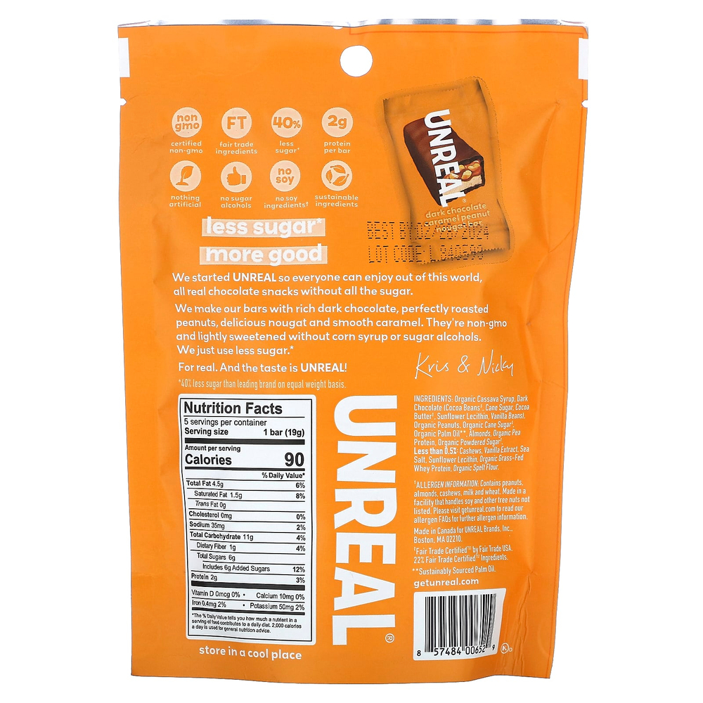 Unreal, Батончики с арахисом и нуга, темный шоколад и карамель, 95 г (3,4 унции)