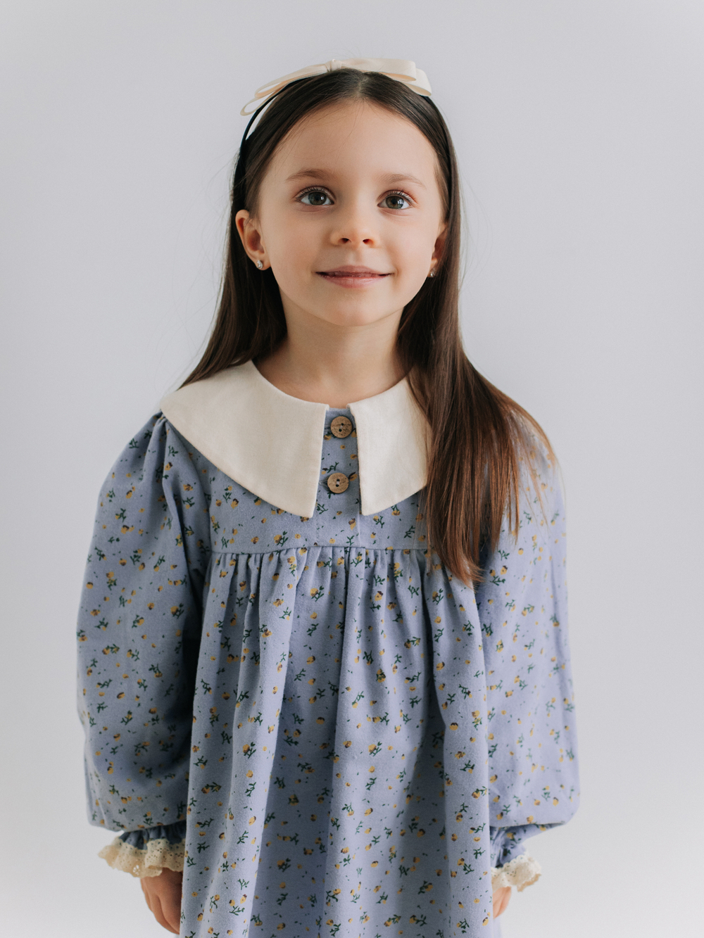 Платье с воротником в цветочек, Голубой