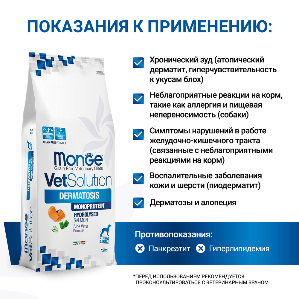 Корм для собак диетический Monge VetSolution Dog Dermatosis Дерматозис при заболеваниях кожи 12 кг