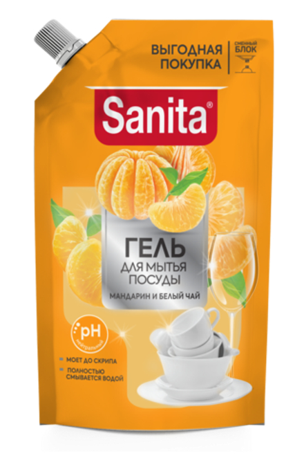Sanita гель для мытья посуды мандарин и белый чай 900 г дой пак, 6 шт в упаковке