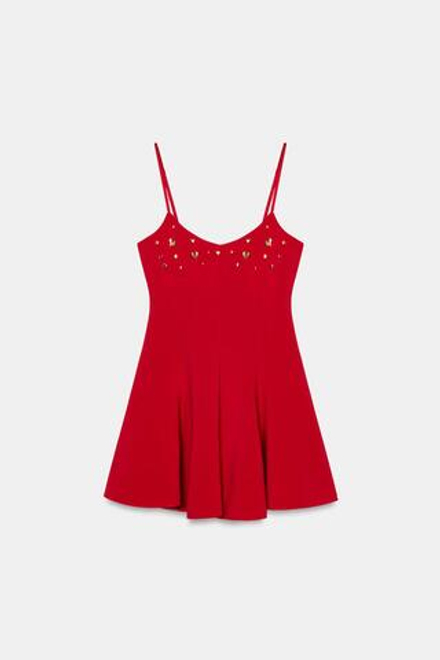 ZARA ЭЛАСТИЧНОЕ ПЛАТЬЕ С СЕРДЕЧКАМИ, КРАСНЫЙ